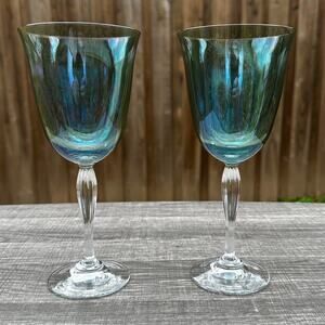 Crate & Barrel Retired 'Lyric' Light Green Ribbed Stem Water/Wine Goblets-Set 2